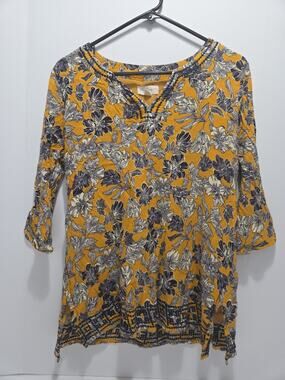 Magnolia Grace Mustard Floral Boho Tunic Top Large M Yellow Navy Peasant Pheasan